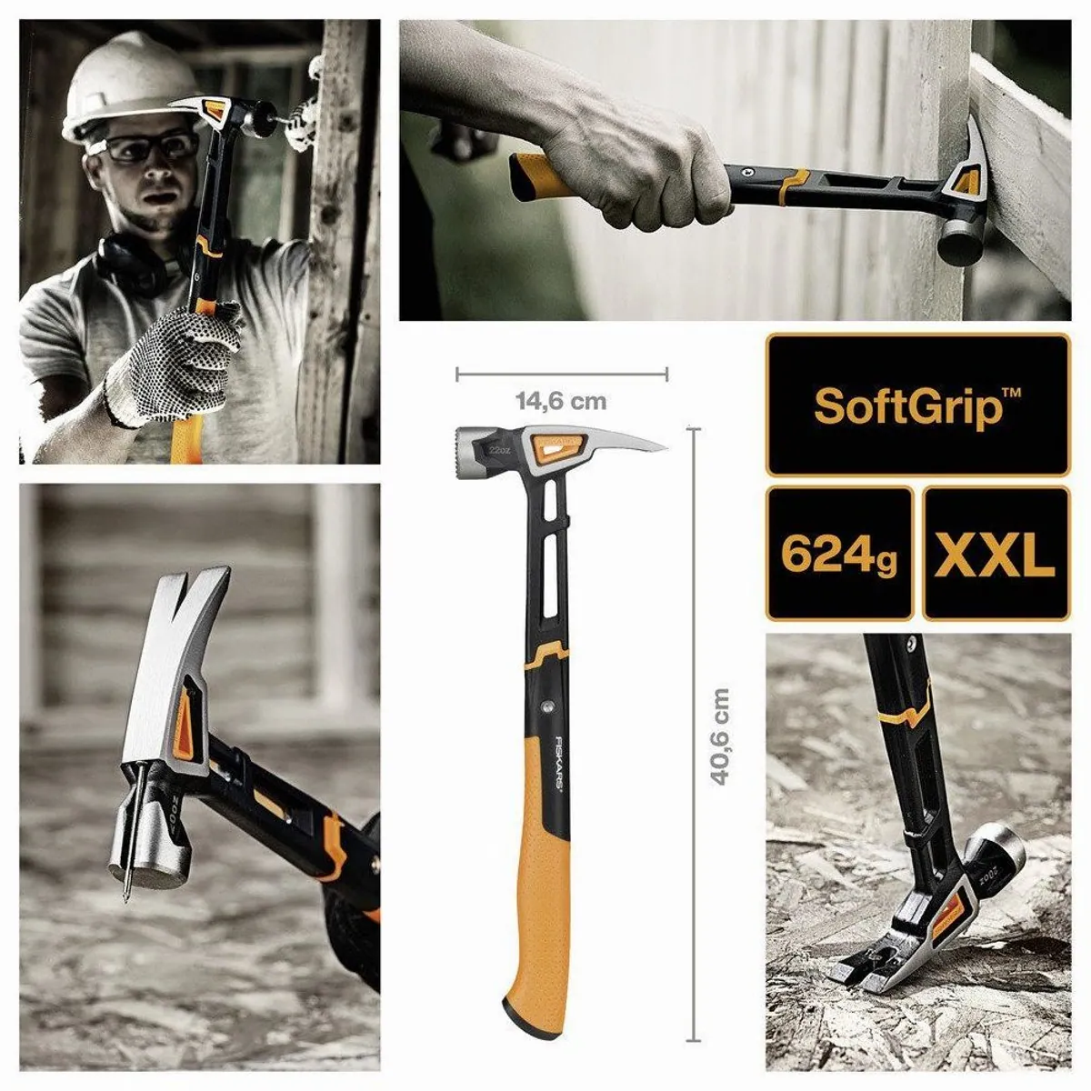 Fiskars IsoCore Zimmermannshammer, ergonomischer Griff, magnetische Nagelarretierung — 1,02 kg, 410 mm 3